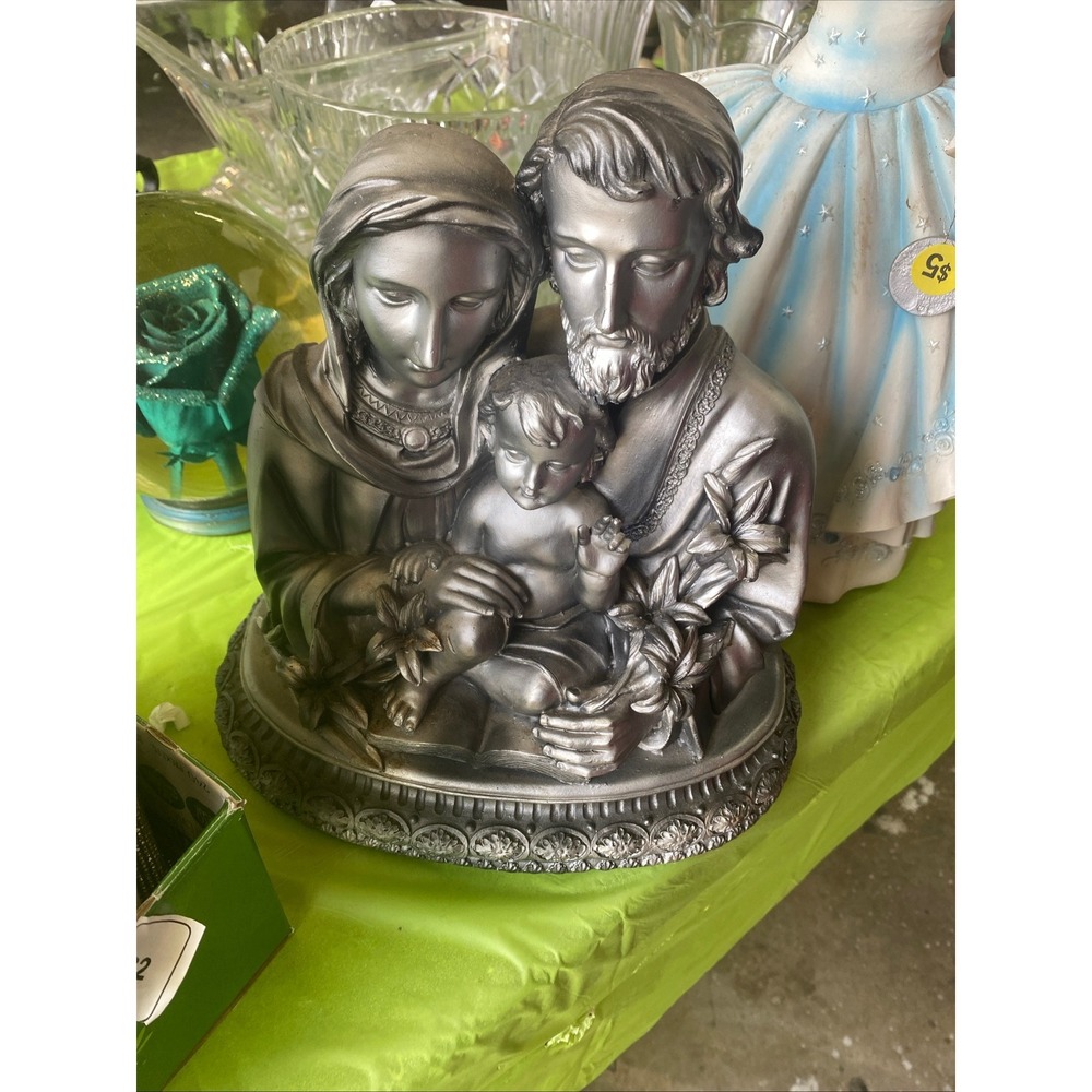 Holy Family Statue Silver Metallic Religious Figurine Mary Joseph Jesus 11in
